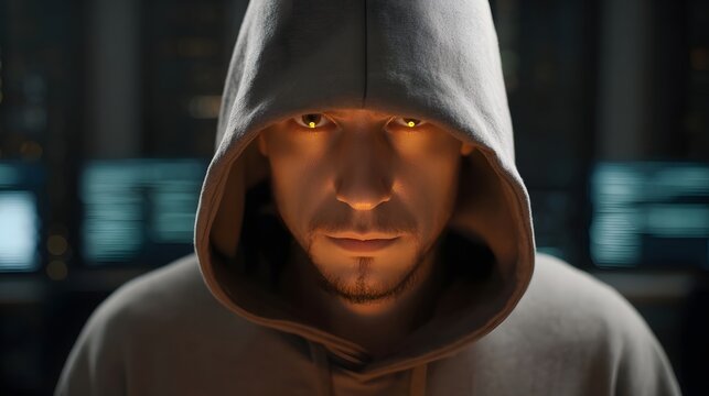 A determined hooded man with intensely glowing orange eyes stares forward surrounded by dark technology and glowing computer code embodying a digital - Powered by Adobe