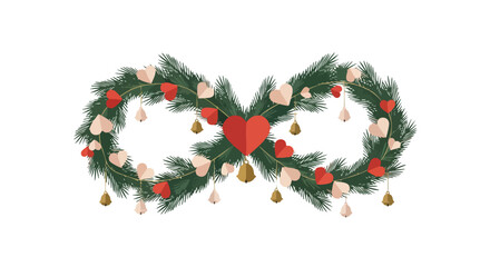 A beautifully crafted evergreen infinity symbol, adorned with delicate red and cream hearts and golden bells, elegantly conveys eternal love and festive cheer.