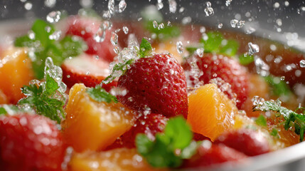 Fresh strawberries and orange pieces splashed with water, garnished with mint leaves, creating a vibrant, refreshing fruit salad