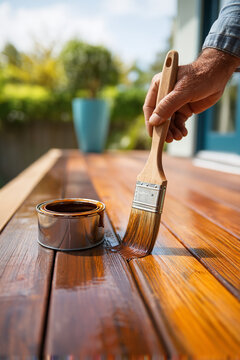 A couple staining a wooden deck in their backyard, applying a rich brown finish for a polished look.