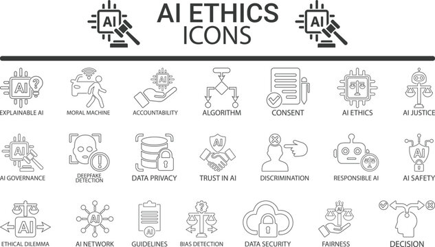 AI Ethics & Fairness Line Art Icon Collection, Artificial Intelligence Guidelines and Human Rights Outline Icons
