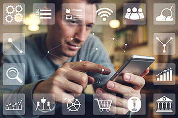 Man using mobile phone for business applications and social media marketing strategy and communication