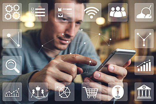 Man using mobile phone for business applications and social media marketing strategy and communication