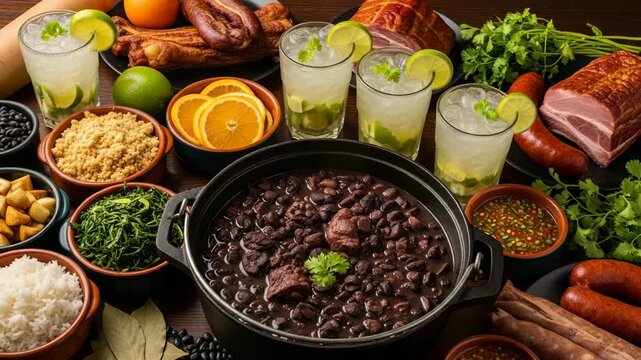 A complete and abundant table spread of traditional Brazilian feijoada, featuring a central pot of black bean stew, surrounded by caipirinhas, smoked meats, and side dishes.

