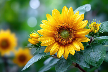 Obraz premium Vibrant Sunflower Blossom with Dewdrops on Leaves