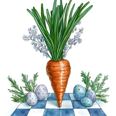 Whimsical chessboard with carrot centerpiece and Easter eggs for a festive spring celebration