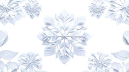 Intricate white paper snowflake cutouts isolated on transparent background