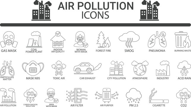 Air pollution Line art icons set, art Containing mask n95, city pollution, industry, coal power plant, smog, pneumonia, gas mask, pm 2.5, air pollution, Solid vector icons set collection. illustration