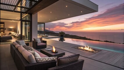 Luxury modern villa patio sunset ocean view infinity pool