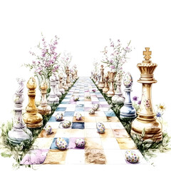 Garden chess scene with colorful Easter eggs and blooming flowers on a sunny day