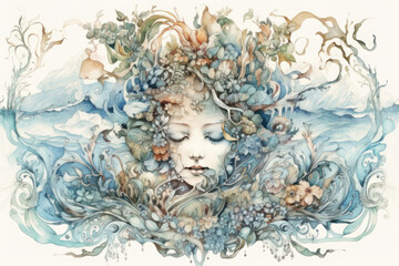 A delicate fantasy-style watercolor illustration depicting the face of a sleeping girl surrounded by a whimsical interweaving of flowers, leaves, branches, and sea waves.  