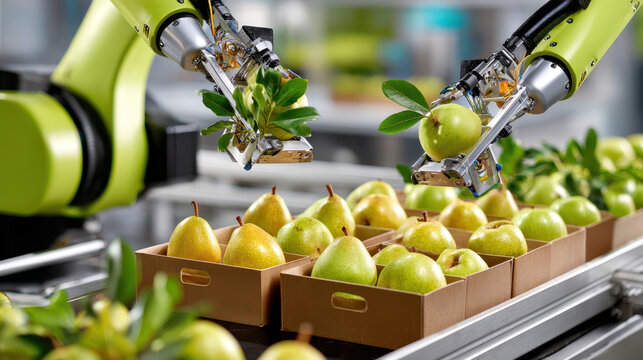 Robotic arms harvesting fresh pears from conveyor, showcasing modern agricultural technology with green apples in crates