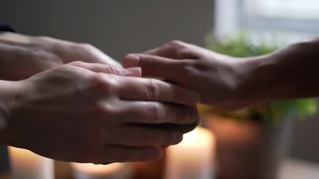 Hands holding a wax sachet by lit candles, suggesting self-care, massage, or aromatherapy