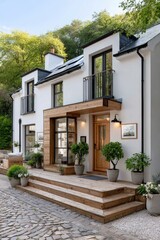 Renovaci&oacute;n de fachada en una casa moderna con detalles de madera y jard&iacute;n