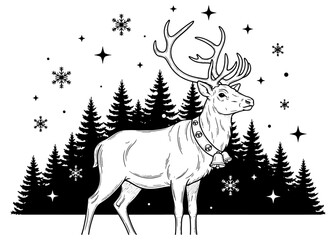  Hand-drawn Christmas reindeer with jingle bells in a snowy pine forest. Black and white holiday vector illustration with stars and snowflakes.