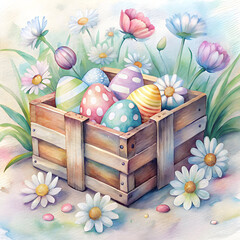 Wooden crate designed like a chessboard filled with colorful Easter eggs among blooming flowers