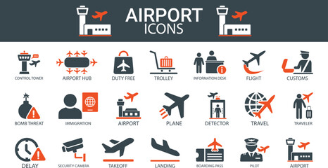 Airport Security & Travel Solid Vector Icons Customs, Immigration, and Boarding Symbols vector illusion icons