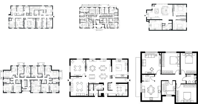 Collection of six different floor plan layouts for residential buildings