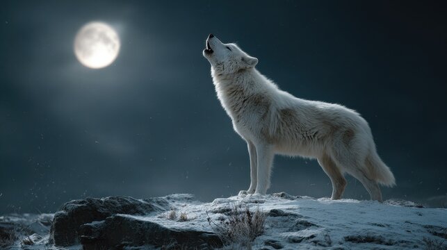 A majestic white wolf howling under a full moon at night. - Powered by Adobe