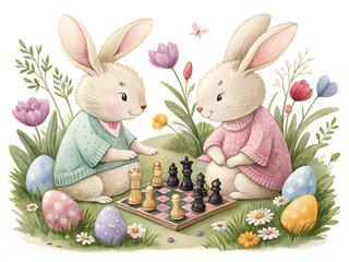 Easter bunnies playing chess in a colorful garden during spring