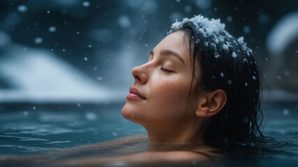 Fototapeta premium Woman Enjoying Cold Plunge in Winter Lake, Close-Up