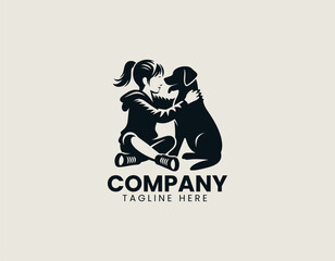 Heartwarming child and dog silhouette vector logo illustration sitting together hugging with love and loyalty. Pet care concept