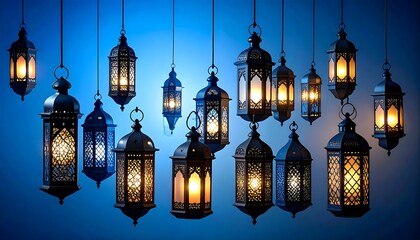Obraz premium Silhouette pattern of Arabic lanterns over a rich deep blue background