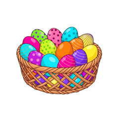 Woven basket filled with colorful patterned Easter eggs isolated on a transparent background