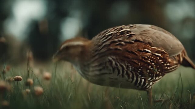 A small, speckled bird pecks at the ground amongst blades of grass