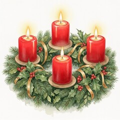 Advent wreath with four red candles and holly decorations, watercolour illustration  