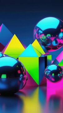 Vertical video: On start camera panning across floor showing neon chrome spheres or pyramids or pris