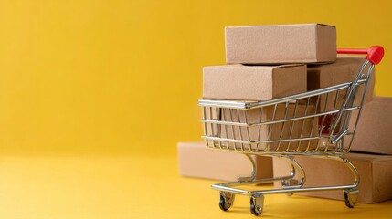 Shopping cart stacked with delivery boxes on vibrant yellow background in ecommerce shipping concept