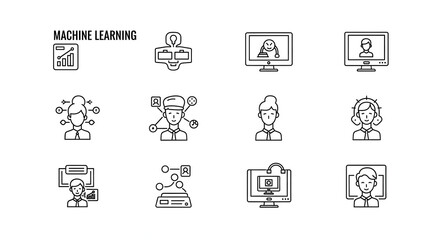 Machine Learning Icons: Explore the world of machine learning with a collection of intricately designed icons representing various concepts, applications, and processes within this cutting-edge field.