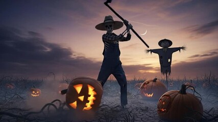 A spooky Halloween scene with a scarecrow and pumpkins. A figure with a skeleton mask wielding a scythe, creating a scary mood - Powered by Adobe