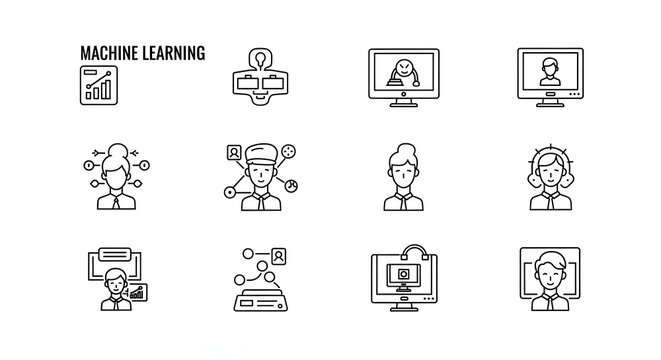 Machine Learning Icons: Explore the world of machine learning with a collection of intricately designed icons representing various concepts, applications, and processes within this cutting-edge field.