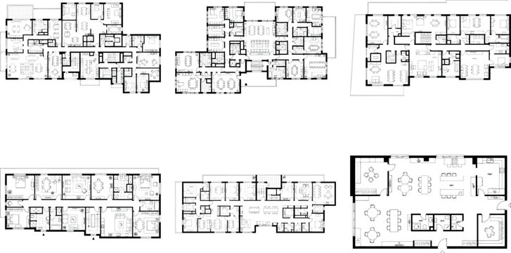 Set of six detailed floor plan blueprints for residential properties