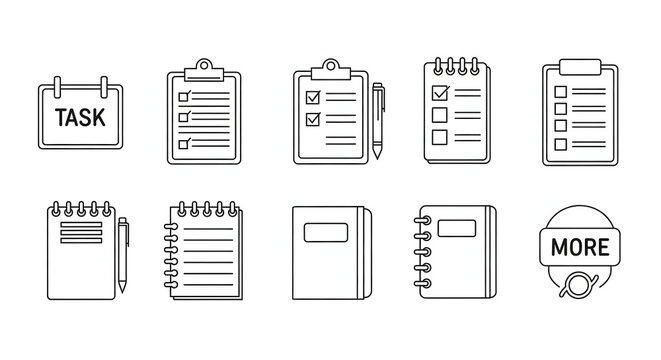 Task and Task List Icons: A set of minimalist icons representing various task lists and notebooks, perfect for design and digital projects.