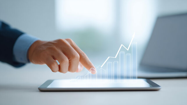 Businessman pointing at digital tablet hologram graph showing business growth. confident and successful concept of finance, investment, stock market and future technology