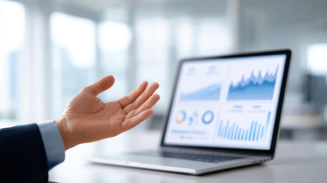 Professional business analysis on screen shows data report with chart and graph. confident presentation of finance and technology information for strategic planning - Powered by Adobe