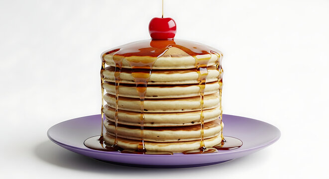Stack of pancakes with syrup and cherry on purple plate