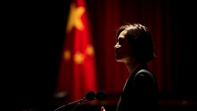 A female Chinese politician giving a speech with the Chinese Flag in the background.