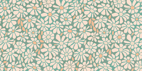 Seamless pattern of stylized white and peach daisies on a teal background