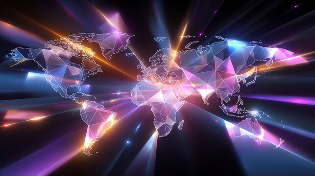 Futuristic neon geometric world map glowing with digital network lines and radiant tunnel light, symbolizing global connectivity and modern technology.