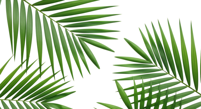 Close up of vibrant green palm fronds against a stark black background - Powered by Adobe