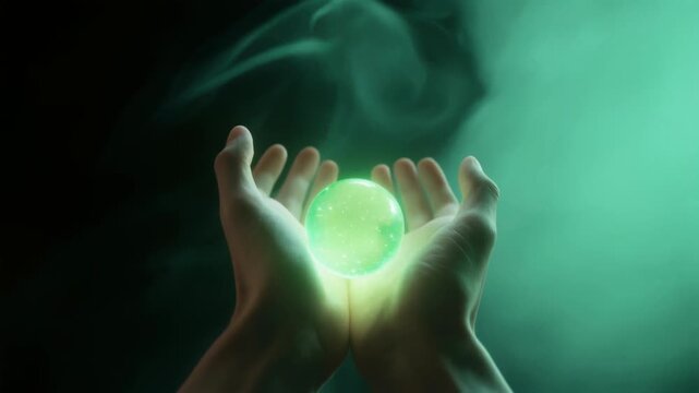 Cinematic closeup of hands cradling glowing energy orb, enveloped in ethereal green mist, evokes wonder and magic in every frame