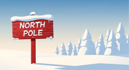North Pole sign in winter landscape with snow-covered trees  