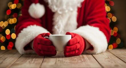Santa Claus holding a white cup of steaming beverage on wooden table  