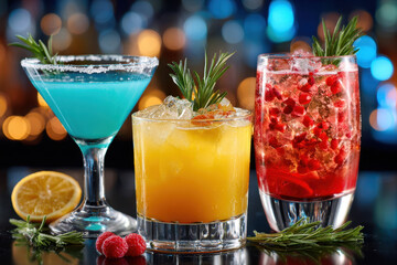 Three colorful cocktails on bar with bokeh background