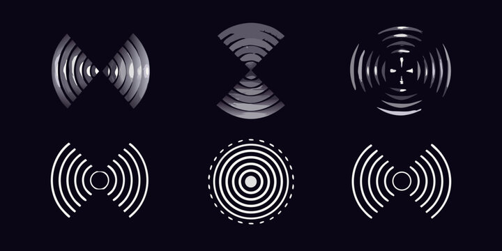 Collection of six diverse wi fi signal icons and waveform symbols on a dark background