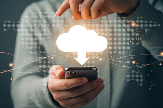 Cloud storage technology data transfer on mobile phone for business and personal use concept image